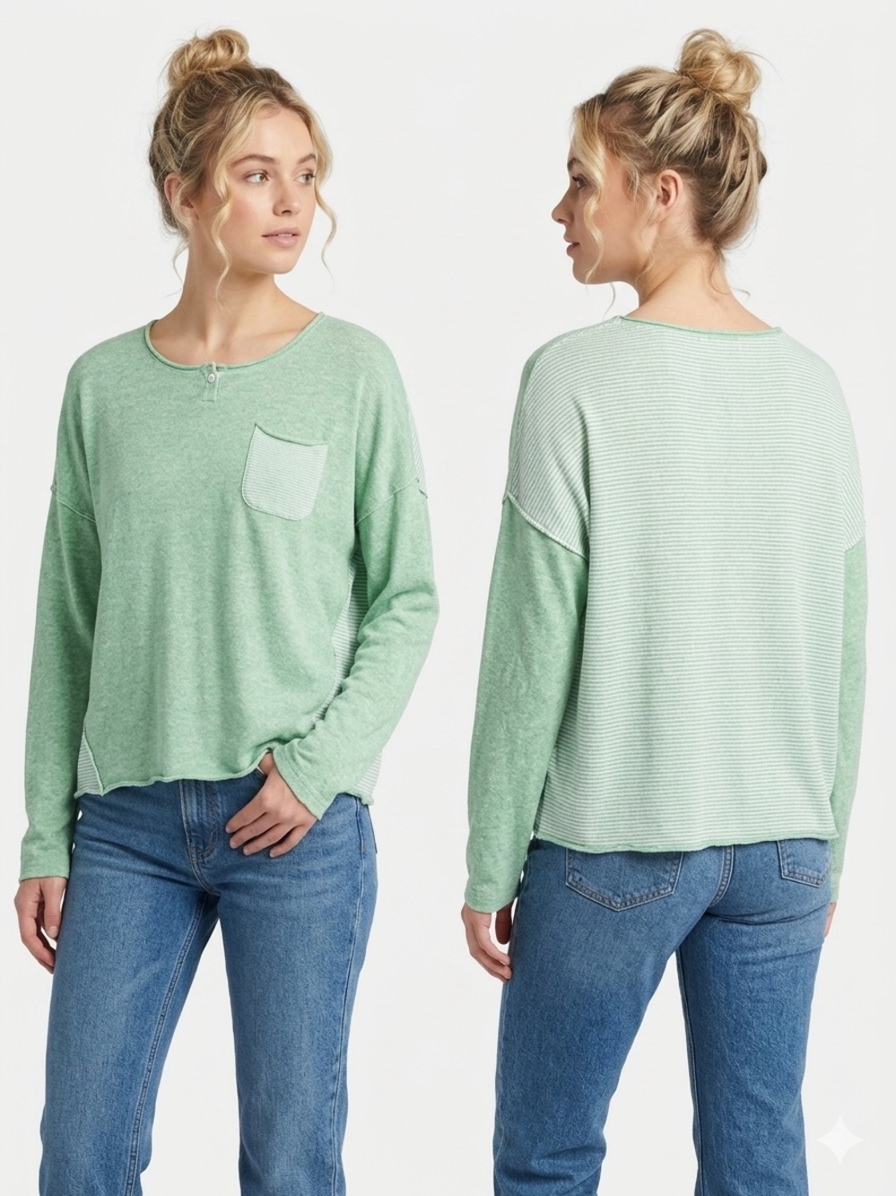 Zaket & Plover Linen Blend Mint Green Knit Henley Sweater Small Oversized Boho